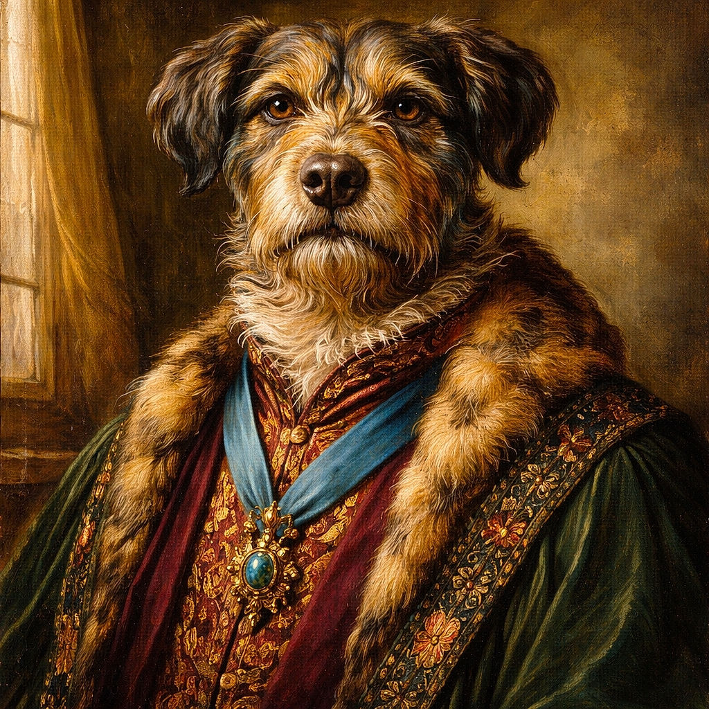 A vibrantly colorful artistic painting of a dog with swirling patterns and geometric shapes in the background, giving a psychedelic and lively vibe.