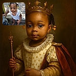 A curious toddler with bright eyes and yellow hair clips looks up from a wooden deck, standing next to a rustic bear statue holding a lantern, dressed in a colorful polka-dot dress and brown sandals, soaking in the outdoor vibes.