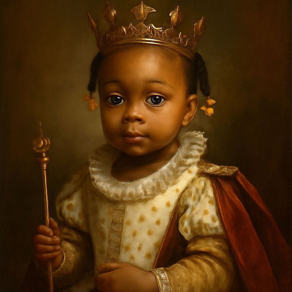 A curious toddler with bright eyes and yellow hair clips looks up from a wooden deck, standing next to a rustic bear statue holding a lantern, dressed in a colorful polka-dot dress and brown sandals, soaking in the outdoor vibes.