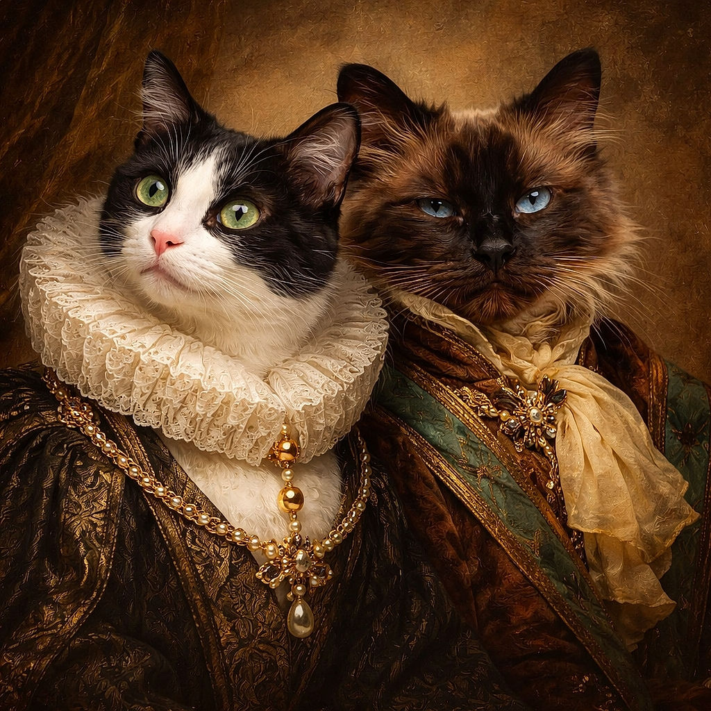 Two cats are cozily snuggled together in a small blue pet bed, one with striking black and white fur looking curiously up, while the other darker fluffy cat lounges with a relaxed expression. The background shows a tiled floor and some scattered pet toys and blankets.