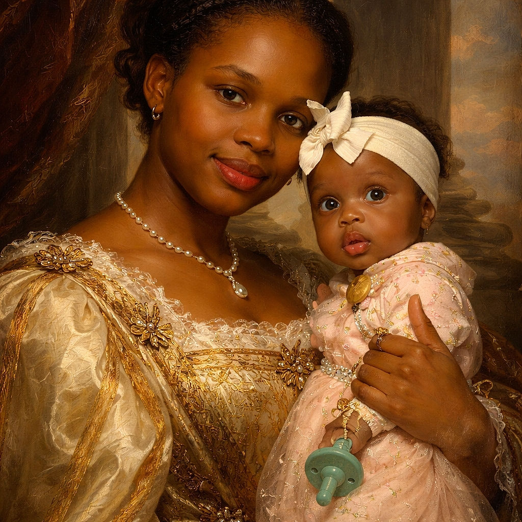 A doting caregiver holds a wide-eyed baby wearing a giant bow headband and clutching a pacifier — the baby looks shocked by the camera like it just discovered selfie mode.