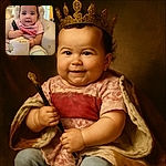 A cute baby with curly hair sits comfortably in a teddy bear-themed high chair, clutching a remote control with wide, curious eyes and a hint of a smile, surrounded by soft pastel colors and a cozy home background.