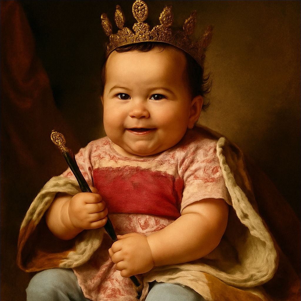 A cute baby with curly hair sits comfortably in a teddy bear-themed high chair, clutching a remote control with wide, curious eyes and a hint of a smile, surrounded by soft pastel colors and a cozy home background.