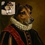 A charming dog lounges comfortably on a plush beige cushion, gazing thoughtfully to the side with its paws neatly placed in front. The cozy indoor setting includes soft textures and a background of household items, creating a warm and homely vibe.