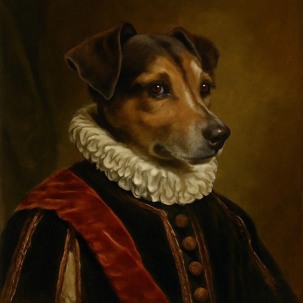 A charming dog lounges comfortably on a plush beige cushion, gazing thoughtfully to the side with its paws neatly placed in front. The cozy indoor setting includes soft textures and a background of household items, creating a warm and homely vibe.