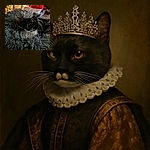 A regal black and white cat lounges comfortably in a fluffy gray bed, wearing a delicate silver crown adorned with pearls, looking like the undisputed royalty of cozy naps.