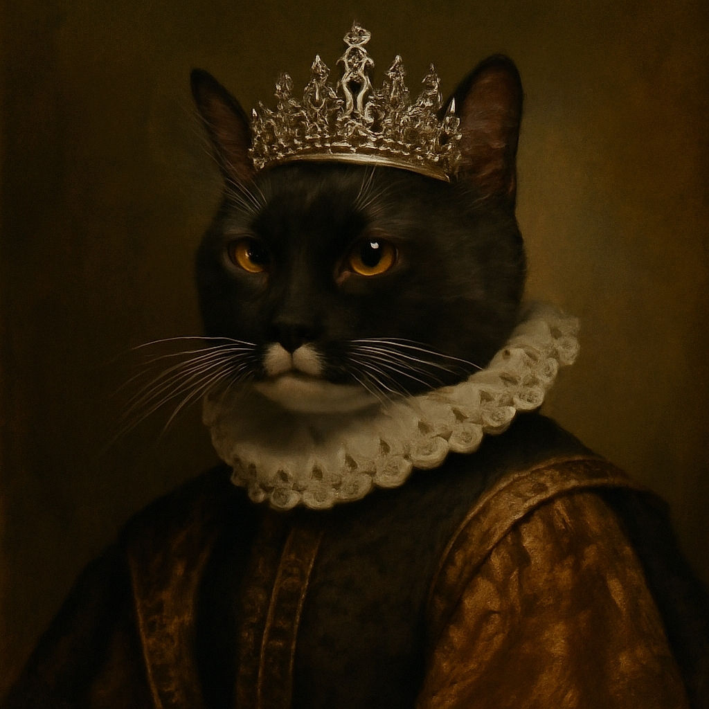A regal black and white cat lounges comfortably in a fluffy gray bed, wearing a delicate silver crown adorned with pearls, looking like the undisputed royalty of cozy naps.