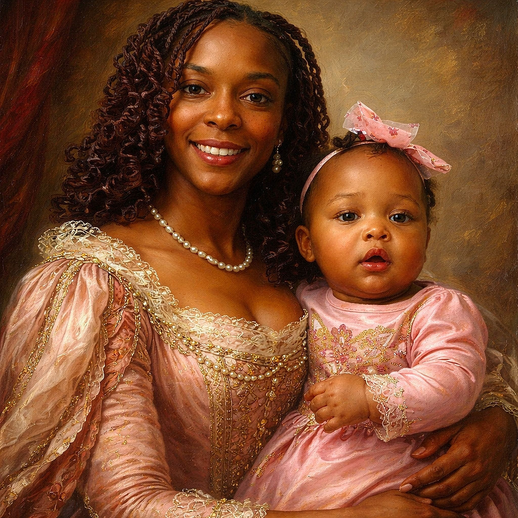 A cheerful selfie of an adult holding a curious baby — matching pink outfits, a tiny bow, and a half-lowered mask make it feel like a candid clinic-or-playdate moment against a plain beige wall. The duo's expressions are warm and slightly surprised, as if someone off-camera announced snacks.