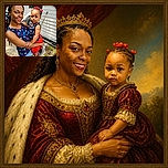 A smiling mother cradles a serious little fashion critic, whose red bows and starry outfit suggest she is ready to review the family photo shoot. They pose outside beside a house, with a window, siding, chair, and broom completing the charmingly everyday backdrop.