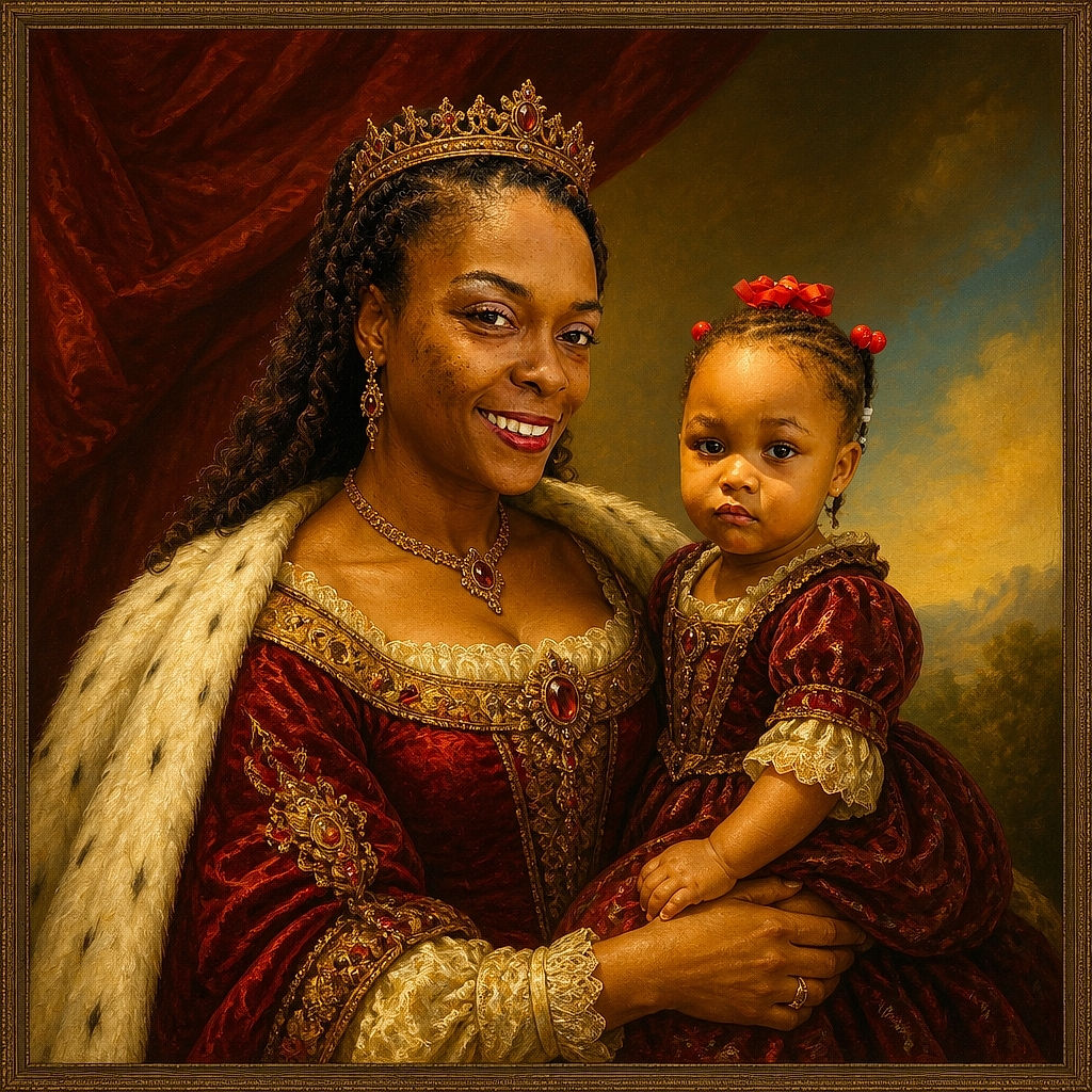 A smiling mother cradles a serious little fashion critic, whose red bows and starry outfit suggest she is ready to review the family photo shoot. They pose outside beside a house, with a window, siding, chair, and broom completing the charmingly everyday backdrop.