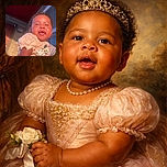 A joyful baby with chubby cheeks is being held up, basking in warm golden sunlight that highlights their happy expression. The baby wears a cute Minnie Mouse shirt, with a background of a brick wall and a red door partially visible.