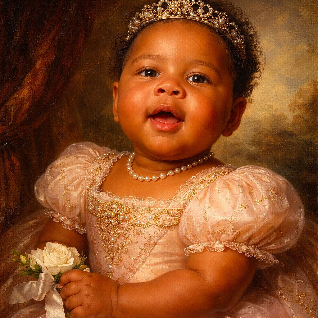A joyful baby with chubby cheeks is being held up, basking in warm golden sunlight that highlights their happy expression. The baby wears a cute Minnie Mouse shirt, with a background of a brick wall and a red door partially visible.