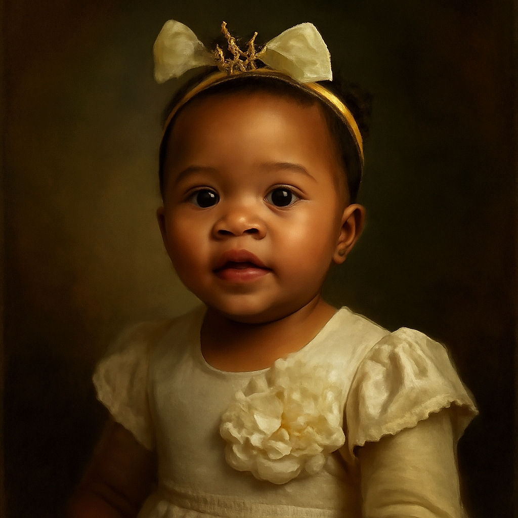 A delightful baby girl wearing a white dress with a flower and a matching headband gazes curiously just off-camera, her big eyes sparkling with wonder. The cozy indoor setting features a plaid blanket and a colorful juice box in the background, adding a casual, homey vibe.