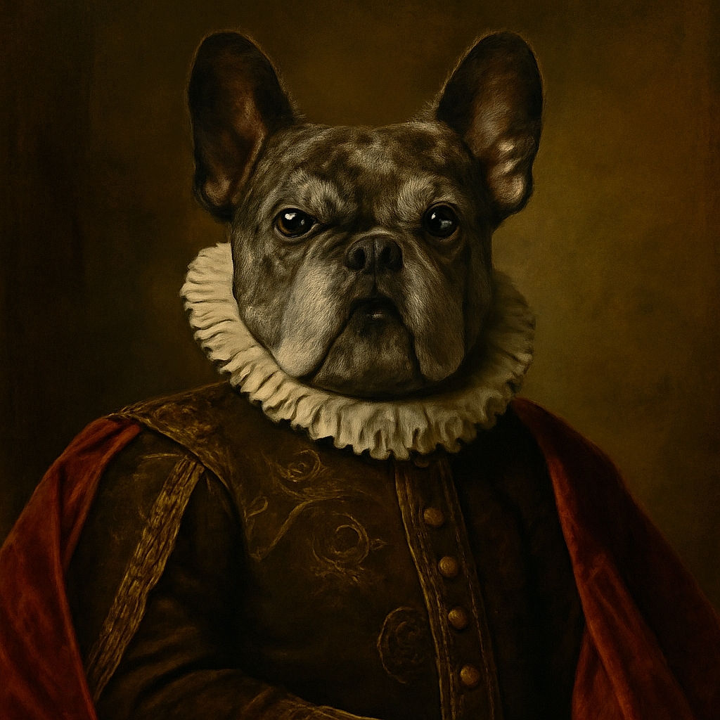 A charming brindle French Bulldog lounges comfortably on a plush beige blanket at the foot of a cozy, slightly unmade bed with white and patterned bedding. Behind the bed, a wooden bookshelf filled with books and decorative items adds warmth and character to the room, while soft natural light filters through the window blinds.