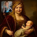 A smiling woman with blonde curly hair sits on a blue exercise ball, carrying a peacefully sleeping baby in a gray Moby wrap carrier. The baby has a pacifier and a small plush toy, creating a cozy and tender moment indoors on a wooden floor.