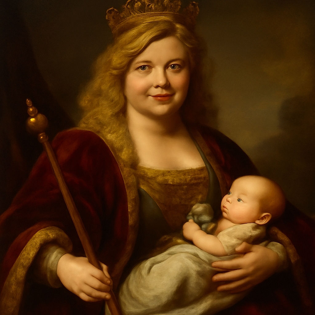 A smiling woman with blonde curly hair sits on a blue exercise ball, carrying a peacefully sleeping baby in a gray Moby wrap carrier. The baby has a pacifier and a small plush toy, creating a cozy and tender moment indoors on a wooden floor.