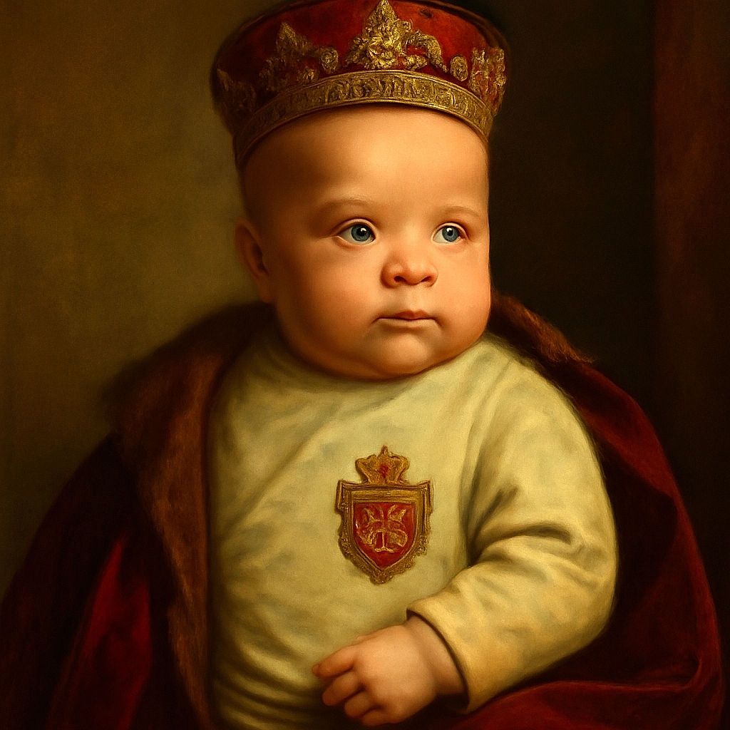 A curious baby bundled in a cozy beige sweater with a playful Mickey design, lounging comfortably in a leaf-patterned baby rocker, eyes gazing thoughtfully to the side as if pondering the mysteries of the universe.