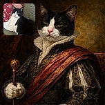 A charming black and white cat lounges comfortably on a textured green couch, resting against a decorative pillow with a quaint design of faceless figures holding hands. The cat's expression is calm and slightly curious, with one eye partially closed, adding a touch of personality to the cozy scene.