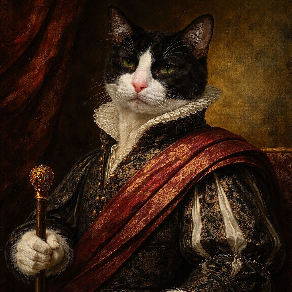 A charming black and white cat lounges comfortably on a textured green couch, resting against a decorative pillow with a quaint design of faceless figures holding hands. The cat's expression is calm and slightly curious, with one eye partially closed, adding a touch of personality to the cozy scene.