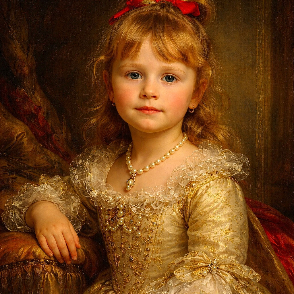 A pint-sized model stares with the solemn intensity of someone who just solved a very small mystery — red bow perched like a crown, denim jacket on full display, standing against a speckled wall as if auditioning for 'Very Serious Portraits Monthly.'