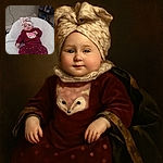 A cute baby dressed in a maroon outfit with a fox design and heart-patterned pants lounges comfortably on a fluffy white cushion, sporting a large floral head wrap and a gentle smile, with a cozy room background featuring shelves of baby products.