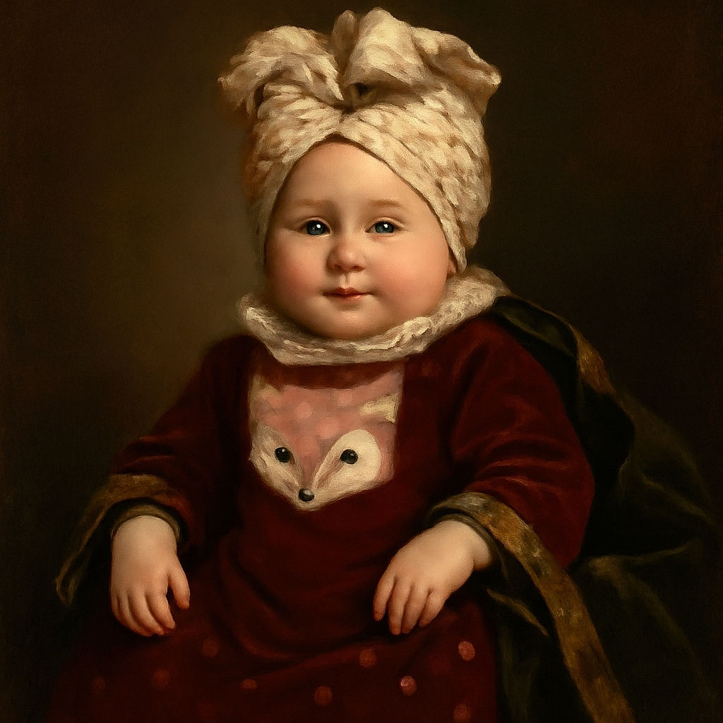 A cute baby dressed in a maroon outfit with a fox design and heart-patterned pants lounges comfortably on a fluffy white cushion, sporting a large floral head wrap and a gentle smile, with a cozy room background featuring shelves of baby products.