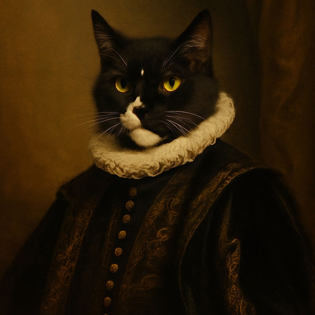A dignified black and white cat wearing a tiny white collar and black tie sits proudly among bright orange marigold flowers in a garden, looking like the CEO of the backyard business.