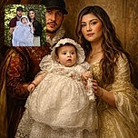 A proud couple poses outdoors holding their adorable baby dressed in an elaborate white lace gown and bonnet, surrounded by lush greenery and soft natural light, capturing a tender family moment.