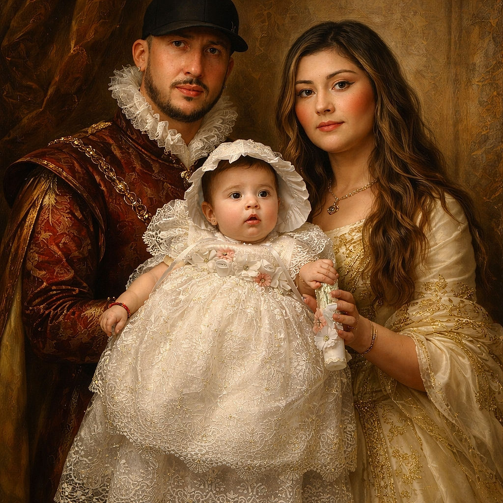 A proud couple poses outdoors holding their adorable baby dressed in an elaborate white lace gown and bonnet, surrounded by lush greenery and soft natural light, capturing a tender family moment.