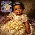 A peacefully sleeping baby dressed in a fancy cream-colored dress adorned with large flower decorations, lying on a soft purple blanket with a blue pacifier in their mouth, capturing a tender and cozy moment.