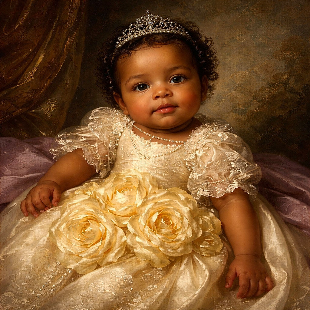 A peacefully sleeping baby dressed in a fancy cream-colored dress adorned with large flower decorations, lying on a soft purple blanket with a blue pacifier in their mouth, capturing a tender and cozy moment.