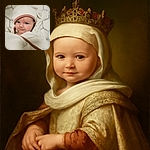 A cute baby wrapped snugly in a soft, white towel with pink trim, looking at the camera with a subtle smile and twinkling eyes, set against a cozy hexagonal patterned blanket background.