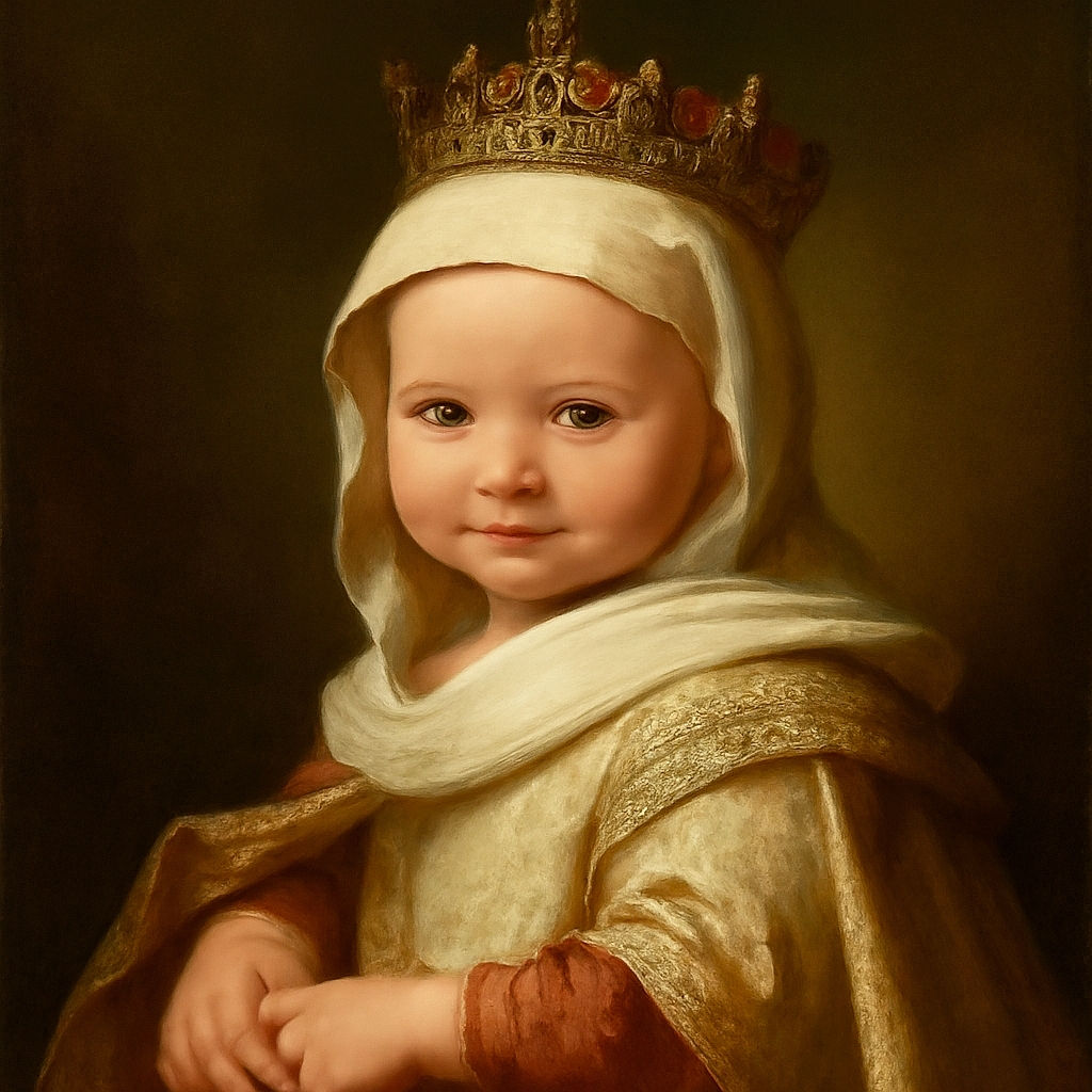 A cute baby wrapped snugly in a soft, white towel with pink trim, looking at the camera with a subtle smile and twinkling eyes, set against a cozy hexagonal patterned blanket background.