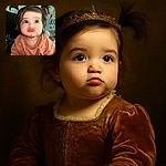 A chubby-cheeked toddler with adorable pigtails makes a funny pouty face, lips pursed like they're about to blow a kiss or a raspberry. The background is a cozy indoor setting with some colorful items blurred out, adding to the homey vibe.