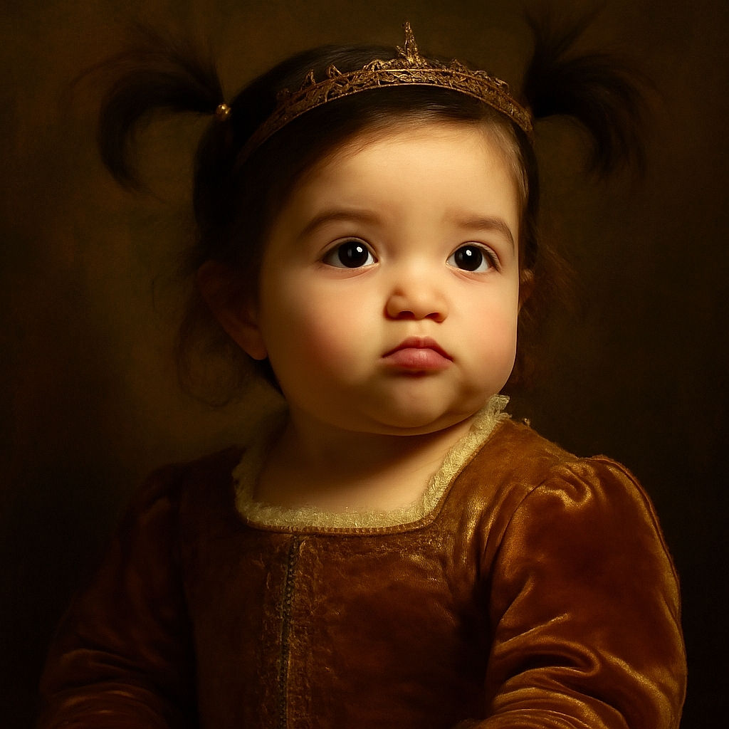 A chubby-cheeked toddler with adorable pigtails makes a funny pouty face, lips pursed like they're about to blow a kiss or a raspberry. The background is a cozy indoor setting with some colorful items blurred out, adding to the homey vibe.