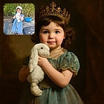 A charming little toddler in a blue dress and white cap is standing outdoors, clutching a fluffy white bunny toy with a pacifier attached, surrounded by greenery and garden tools, with sunlight casting playful shadows.