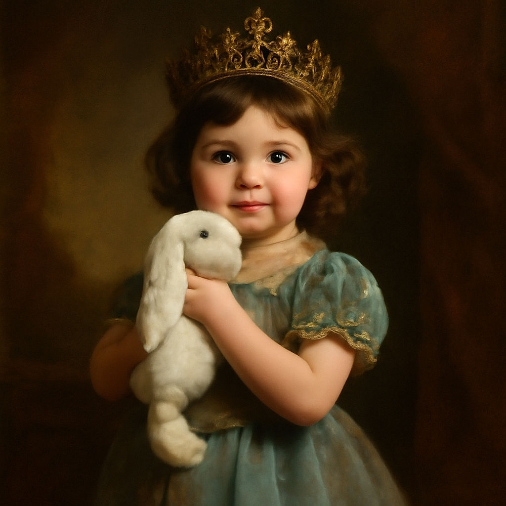 A charming little toddler in a blue dress and white cap is standing outdoors, clutching a fluffy white bunny toy with a pacifier attached, surrounded by greenery and garden tools, with sunlight casting playful shadows.