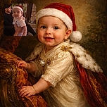 A slightly blurry photo of a baby wearing a Santa hat being held up by an adult, with another adult sitting in the background near a plant and brick wall, giving a cozy holiday vibe despite the low light and motion blur.