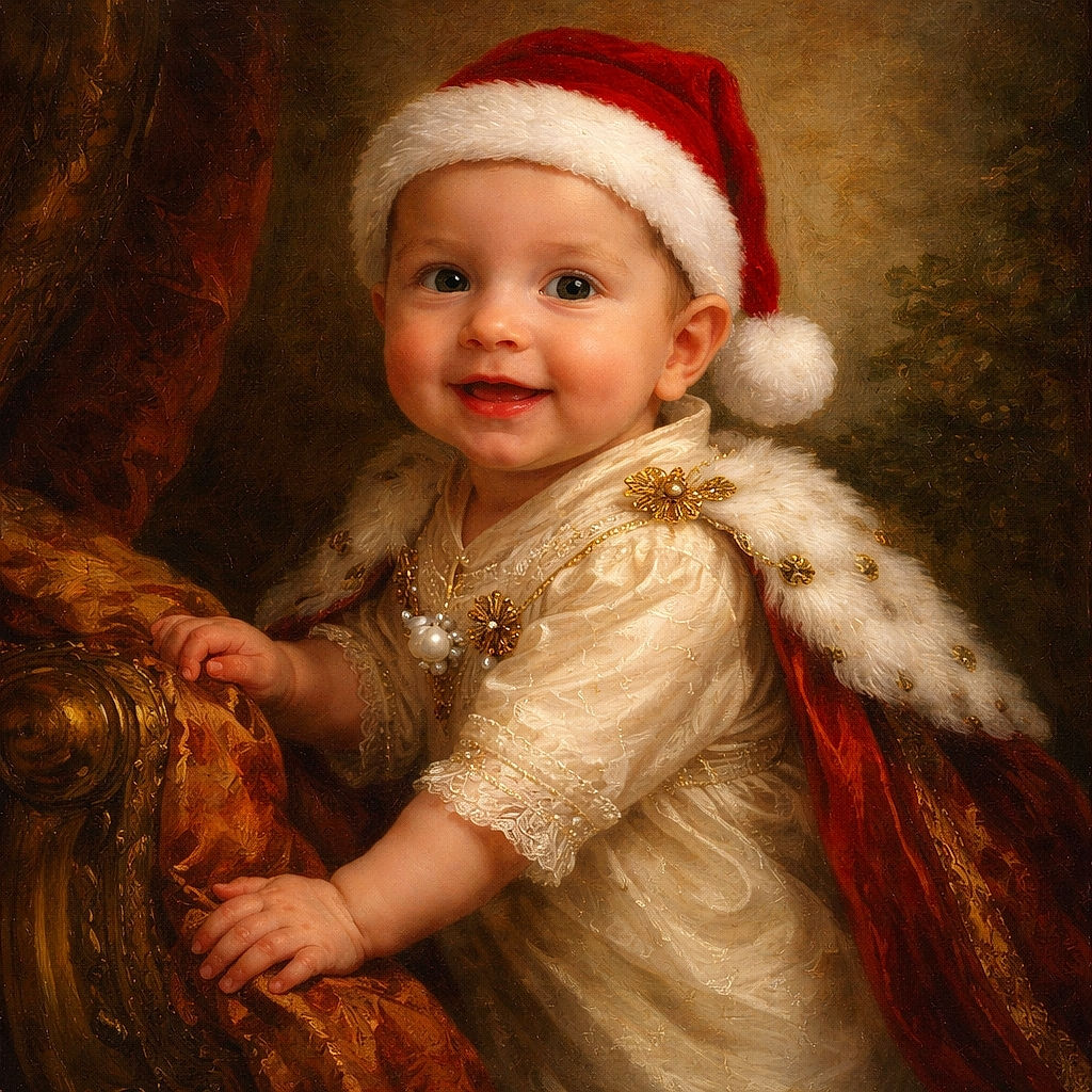 A slightly blurry photo of a baby wearing a Santa hat being held up by an adult, with another adult sitting in the background near a plant and brick wall, giving a cozy holiday vibe despite the low light and motion blur.