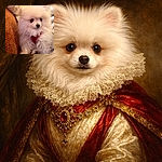 A fluffy white Pomeranian puppy with big, soulful eyes sits cozily on a textured orange couch, wearing a red harness. The background shows a person in soft white clothing, adding warmth to the intimate indoor setting.