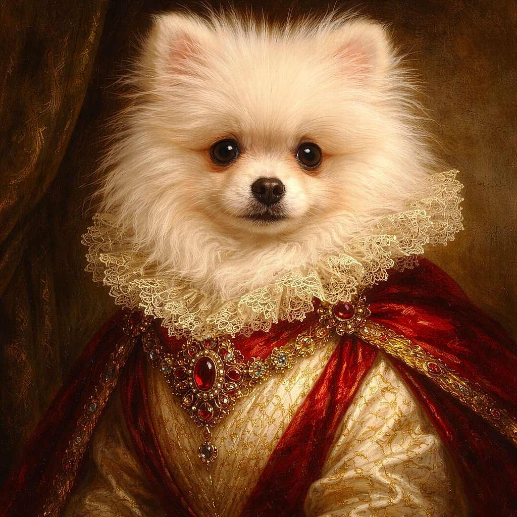 A fluffy white Pomeranian puppy with big, soulful eyes sits cozily on a textured orange couch, wearing a red harness. The background shows a person in soft white clothing, adding warmth to the intimate indoor setting.
