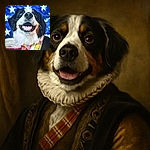 A happy dog with a colorful plaid bandana grins joyfully in front of a blurred American flag backdrop, capturing a moment of cheerful patriotism and furry charm.