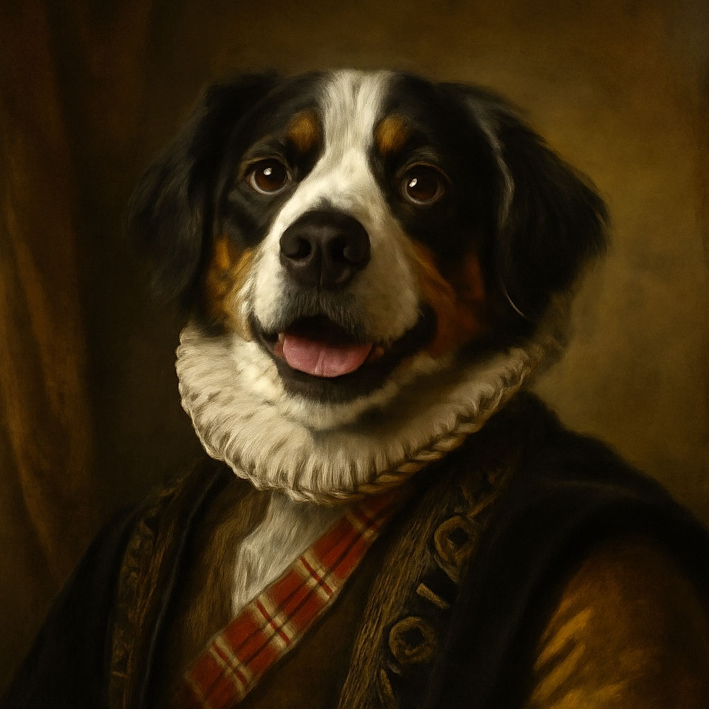 A happy dog with a colorful plaid bandana grins joyfully in front of a blurred American flag backdrop, capturing a moment of cheerful patriotism and furry charm.