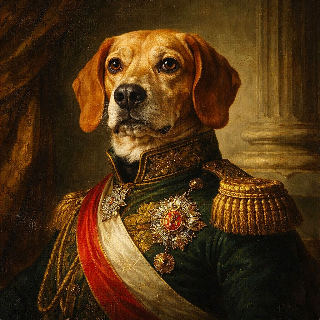 A charming dog lounges comfortably on a cozy bed adorned with tree-patterned blankets, gazing intently with soulful eyes and a green collar adding a pop of color against its warm, speckled fur.