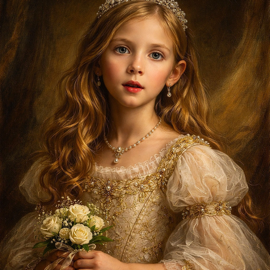 A wide-eyed young girl crouches in an autumn backyard with her mouth agape and hands up like she just caught a squirrel stealing her snack — golden trees and a fence provide a cozy, candid backdrop to this surprised close-up.