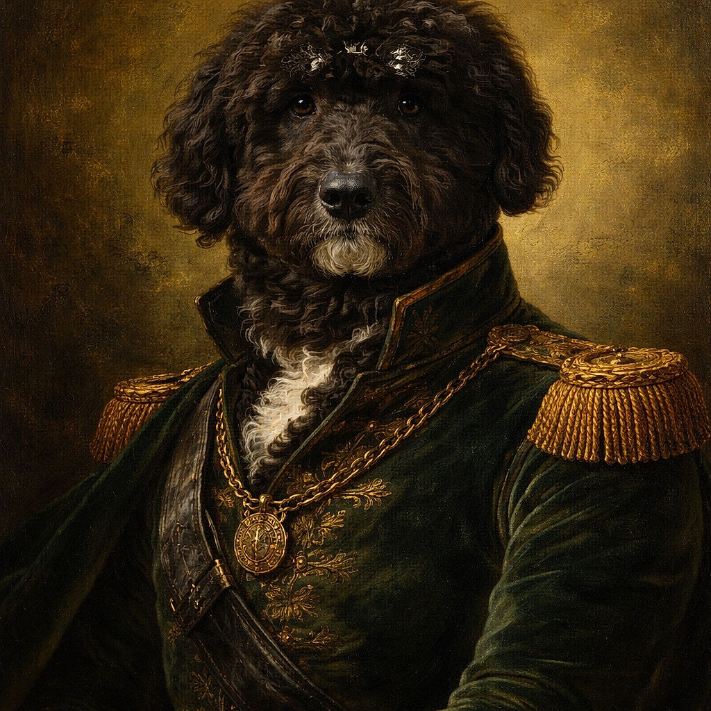 A huge, fluffy black doodle stares solemnly at the camera with a distinguished white chin beard — part noble professor, part furball. The curly coat fills the frame like a luxurious shag rug, and those shiny, curious eyes peek out from under a mop of hair as if plotting the next treat heist.