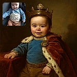 A cute baby with a happy smile is lying on a dark couch, wearing a blue and cream sweater with animal prints and brown pants, looking cozy and playful with a slightly blurred hand in motion.