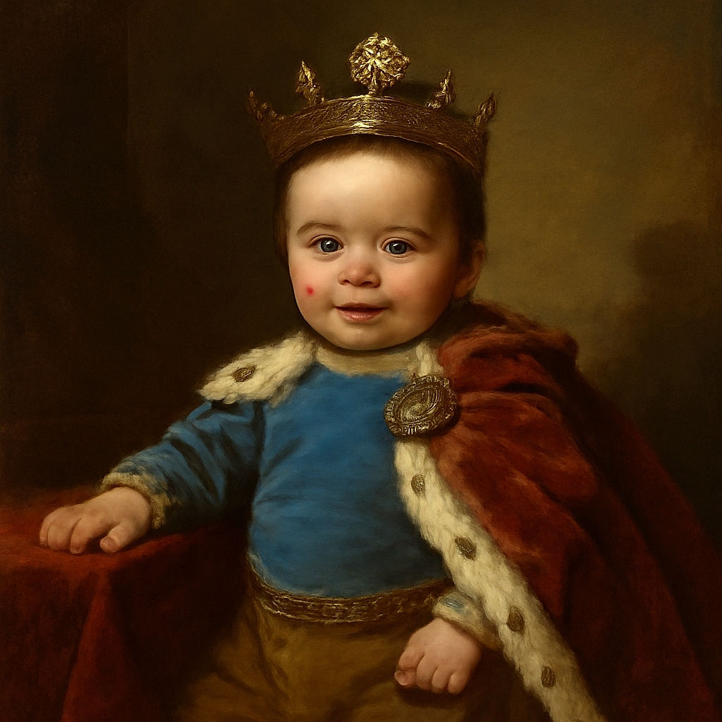 A cute baby with a happy smile is lying on a dark couch, wearing a blue and cream sweater with animal prints and brown pants, looking cozy and playful with a slightly blurred hand in motion.