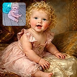 A curly-haired baby with bright blue eyes sits happily on a wooden deck, clutching a crumbly snack, with a vibrant turquoise polka-dot backpack resting behind them, soaking in the warm sunlight.
