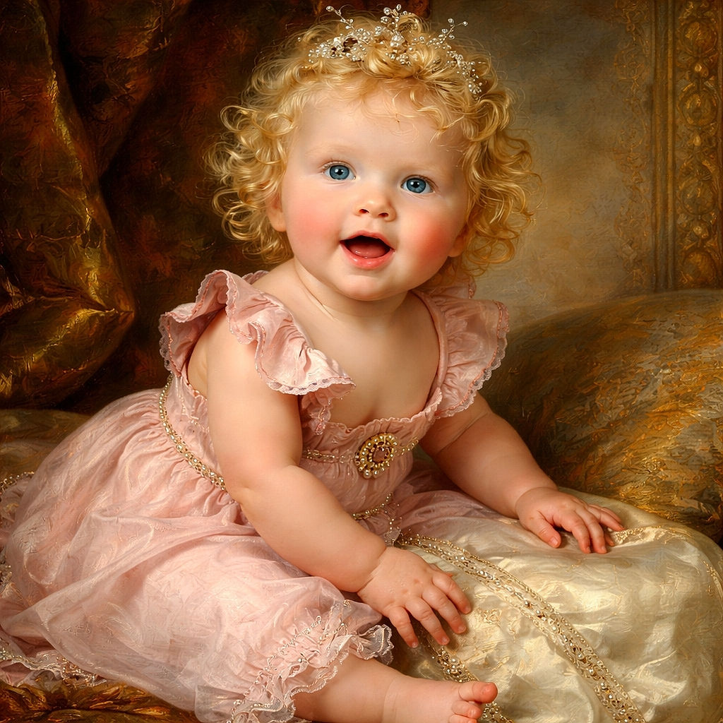 A curly-haired baby with bright blue eyes sits happily on a wooden deck, clutching a crumbly snack, with a vibrant turquoise polka-dot backpack resting behind them, soaking in the warm sunlight.